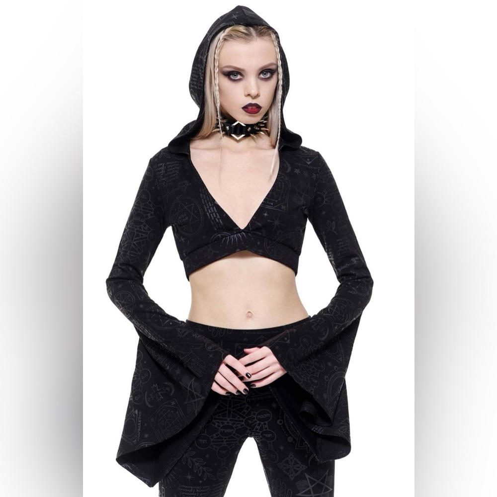 Killstar Witchhead Black Hooded Crop Top Sweatshirt Hoodie XS RARE